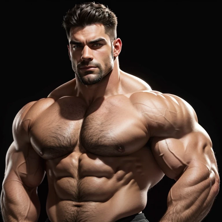 a very handsome, massively muscular man, with massively large muscles, with massively large biceps, without a t-shirt, on a black background