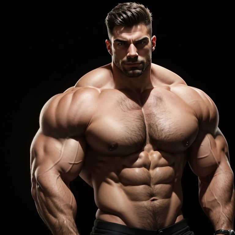 a very handsome, massively muscular man, with massively large muscles, with massively large biceps, without a t-shirt, on a black background