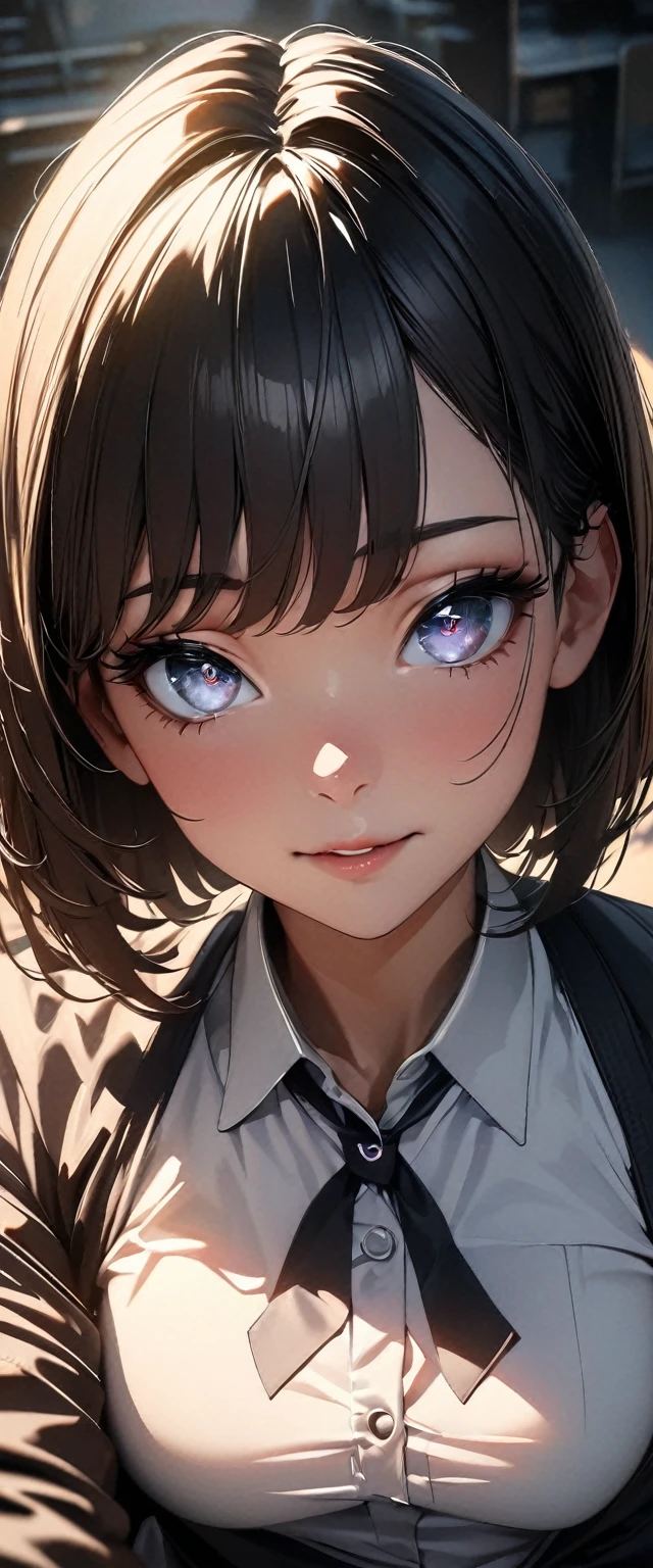 (high quality, 8k, 4K, High Contrast, masterpiece:1.2, 最high quality, Best aesthetics), 1 female, (Realistic skin texture:1.3), (Film Grain:1.3), (Selfie angle, High Angle), One Girl, Beautiful and detailed eyes and face, 最high quality, close, Upper Body,Black Hair,Bob,beautiful,High school girls,
