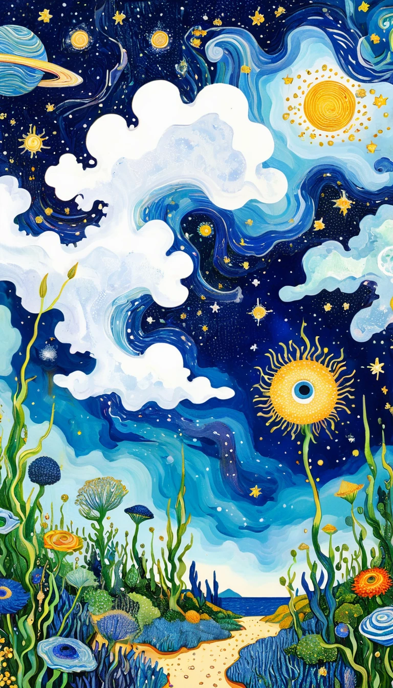 Psychedelic Art。plant、Marine Life、(((Charming eyes)))、cloud、Starry Sky，Galaxy、Planet、Abstract painting of joints，Describing the inner world of autistic people，Sense of space，Blank，White space，Pointillism method，Childish lines，Klein Blue，Van Gogh art
