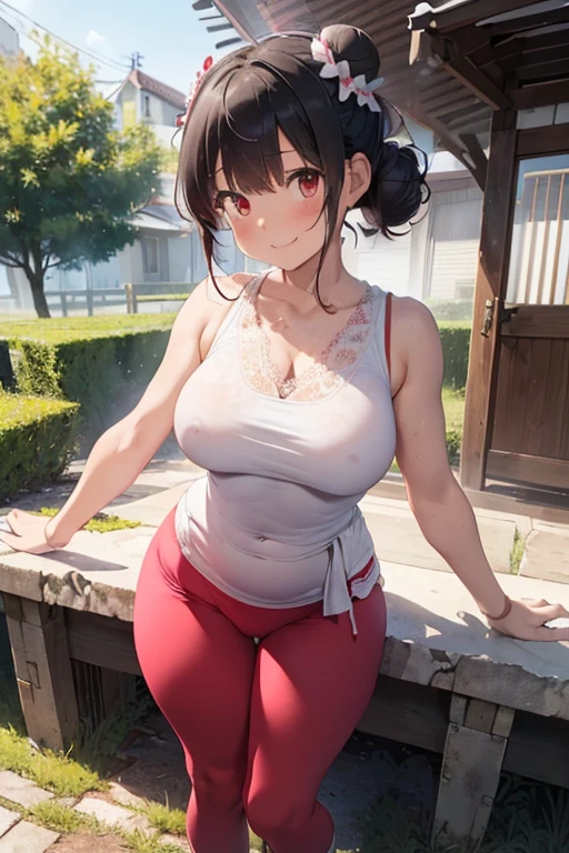 masterpiece、1 female student、(((Missing arm，Bare arms，Towel wrap)))White cloth bun、Shoulder leakage、chubby、Smile、(((Lace、red yoga pants)))pale pink lips、posing at school，（Soaked），legs are open， 独奏,  looking at the audience,  (Thick thighs:1.0),Red eyes, Blushed,blunt hair,flower headdress，lawn，hands on hips，creek，black hair，Smile with teeth showing，short hair，garden，(((Side milk is visible，)))，(((Chest visible from the side，Big breasts，Showing side chest，Exposed side chest)))，clear and bright eyes，((((stand at attention，From the front))))，((View from below，((Bun cunt，Pussy crack))，sit down))