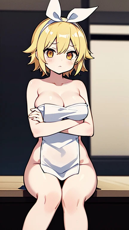 KagamineRin, 1girl, Kagamine_rin, wearing towel, white towel, naked_towel, sitting, from below, massive breasts, crossing arms, crossed arms