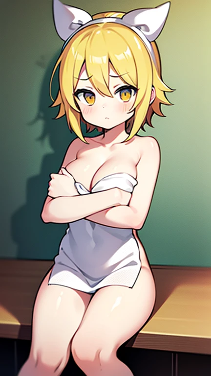 KagamineRin, 1girl, Kagamine_rin, wearing towel, white towel, naked_towel, sitting, from below, massive breasts, crossing arms, crossed arms