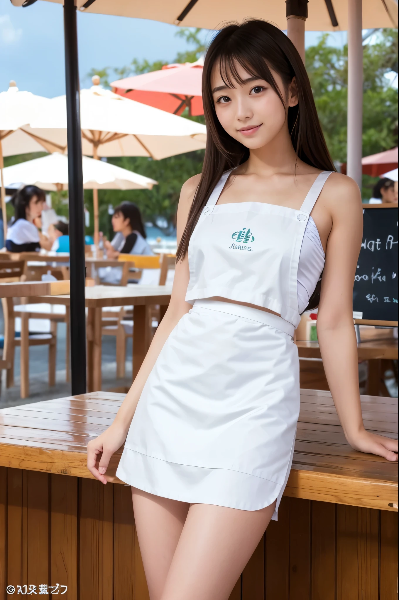 20 years old girl (Japanese pretty face) is wearing white apron, mini skirt at the beach bar