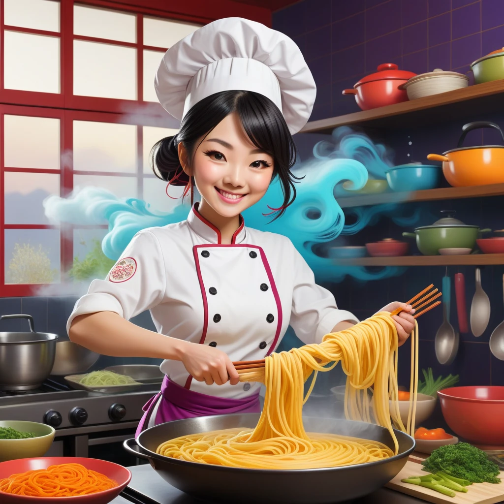 Anime-style chef, vibrant kitchen background, expertly pulling noodles, steam forming whimsical shapes, colorful ingredients floating, confident smile, modern Japanese-inspired color palette. T-shirt design graphic