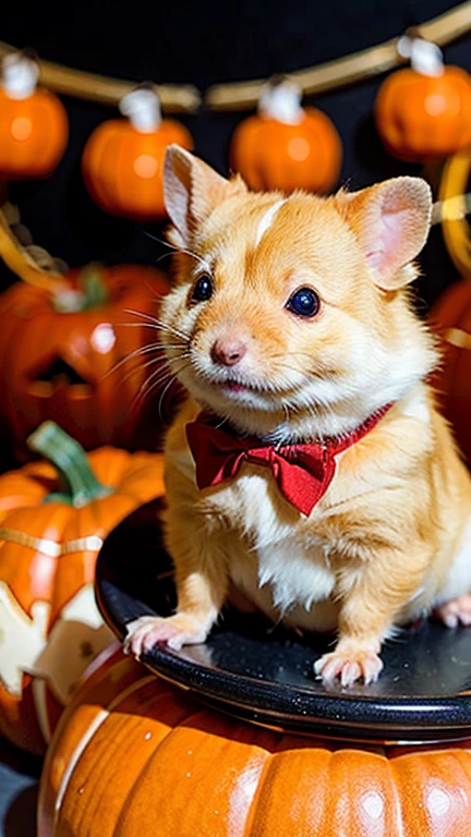 A chubby golden hamster wearing a tiny red bowtie, sitting in a pumpkin carriage against a Halloween backdrop.
fluffy, plump, cuddly