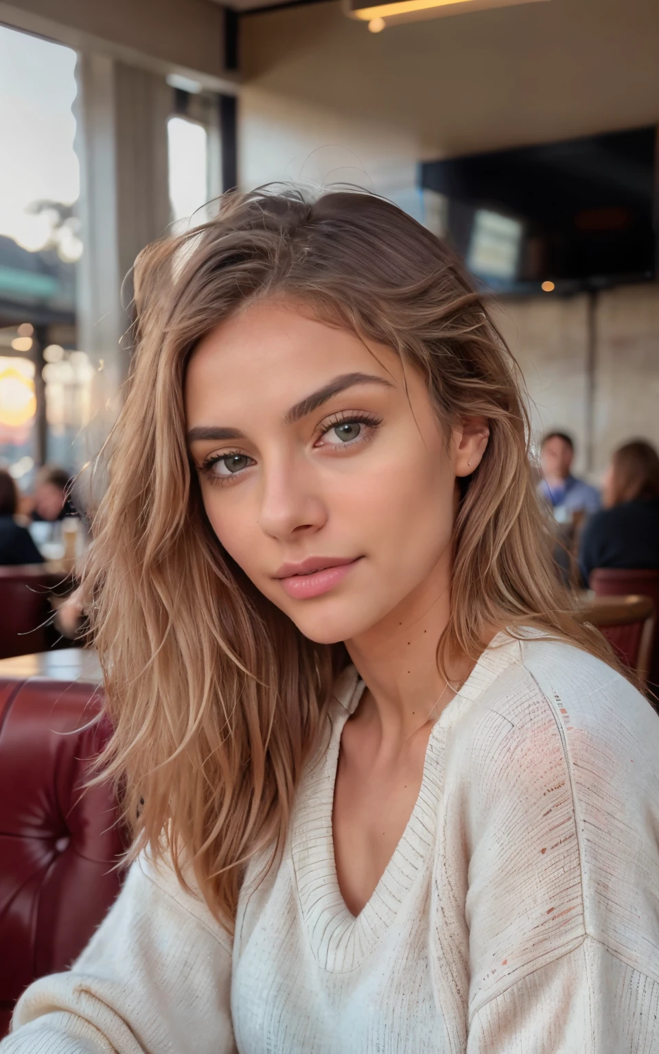 Cute beautiful dark blonde in a yellow sweater "old money style "(Inside a modern cafe at sunset), Very detailed, 21 years, innocent face, long natural wavy dark blonde hair, blue eyes, High resolution, masterpiece, Best Quality,intricate details, Very detailed,sharp focus, detailed skin,realist skin texture,texture, detailed eyes, professional, 4k, lovely smile, shot on Canon, 85mm,shallow depth of field,Kodak Color Vision, body in perfect shape, extremely detailed, Photo_\(ultra\), Photorealist, realist, post processing, maximum detail, roughness, real life, ultra realist, Photorealism, Photography, 8k high definition, Photography