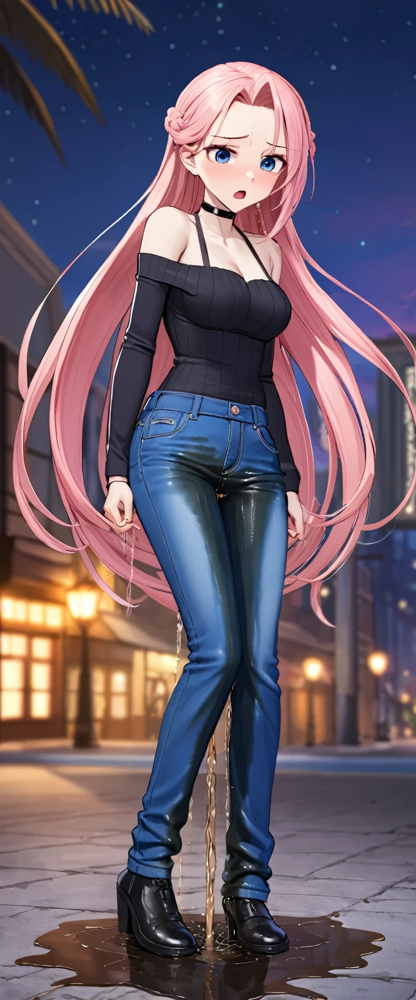 ((best quality, masterpiece:1.3, 8K)), (detailed), highly detailed face and skin texture, detailed eyes, full body, outdoor night, (slender body:1.1), 1girl, (solo), (18+ years old), white skin, bright lips, worried, embarrassed, panicking, long hair, (forehead:1.0), (edgy outfit:1.2), medium breast, (jeans pants:1.5, blue jeans:1.5), (((wetting herself:1.8))), desperation:1.2, 