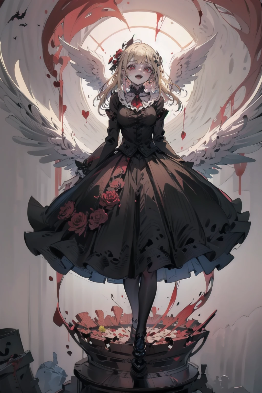 masterpiece, Highest quality, High resolution,(Highest quality,4K,High resolution,masterpiece:1.2),Very detailed,Realistic:1.37,masterpiece, Highest quality, Exquisitely crafted, woman, beautiful, elegant, smile, Blood, iridescent Long Hair, bangs, skirt, shirt, Long sleeve, Frills, shoes, (Red and Black:1.4), flower, spooky, Horror, head蓋Bones, Long Hair, Black Hair, Candles, Blood, hair flower, Dead, hair ornaments, Bone, 人形Horror (theme),spooky altar background,Dark fantasy,Red color scheme,Ominous atmosphere,eyeを引く,Storytelling,Anime Style,Concept Art,beautiful細部までこだわった顔と (((赤いeye ))),A terrifying ritual ,Satanic Ritual,humanoid,クレイジーなsmile,Scythe Face,Girl Monster, beautiful, Delicate facial features, 鋭いeye, Sharp Fangs, 青White skin, blonde,robot,Cursed Painting, Dark Background, Cinema Lighting, Dramatic Shadows, Gothic style, Gloomy atmosphere, Dark fantasy, One Girl, , Please open your mouth wide, Open your mouth and baring your teeth,Sharp teeth like a beast, Wide lips, very wide mouth, Vermilion cheeks, ,(Bloodしぶき:1.4),Scary smile, smile,Fallen angel design, ねじれたsmile、Bloodまみれの、headからの出Blood,、Bloodしぶき、,(Bloodしぶき:1.4),Crossbones, head蓋Bone,Horror 一人の男の子, Cream colored hair, blonde, Pearly hair, nice boy, Pure white angel wings, Loose-fitting clothing, Larger clothes, dark red eye, eyeの下のたるみ, dark circles under eye, やみcute, Fluffy hair, Voluminous Hair, skinny, slim, very skinny, Androgynous, cute, spooky, short hair, Horror, Faded colors, White skin, spooky, Unnaturally thin, I&#39;I am hungry, eye, eye in background, sharp eye, Long eyelashes, Under the eyelashes, Loose shorts, レースshirt, Frillsshirt, Tie the ribbon&#39;head, Detailed clothing, A loose cardigan, Open cardigan, 滴るBlood, that&#39;terrible, nightmare, Haunted, stitch, patchwork, string, Injury, hell, Injury on arms, self-harm, cut, Blackfingers, factory, Abandoned, A dismembered ghost,Many heads,Many heads,Lots of faces,Multiple faces,Multiple Girls,Frolicking Girl,複数のwoman,tea ,クレイジーなsmile,look up,Face shot,Scythe Face,Girl Monster, slave,beautiful, Detailed portrait, Delicate facial features, 鋭いeye, Sharp Fangs, 青White skin, Thick chain, Dark Background, Cinema Lighting, Dramatic Shadows, Gothic style, Gloomy atmosphere, Dark fantasy, One Girl, , Please open your mouth wide, Open your mouth and baring your teeth,Sharp teeth like a beast, Wide lips, very wide mouth, Vermilion cheeks, ,(Bloodしぶき:1.6),Scary face, Laughter　Witch design, ねじれたsmile、Bloodまみれの、headからの出Blood,,、Bloodしぶき、,(Bloodしぶき:1.6),Crossbones, head蓋Bone,　, Horrorスタイル, ((Fantasy Witch Costume)), ((Flowing white hair)), ,(Bloodしぶき:1.6),womanの曲線, Large Breasts, Thick thighs, Sexy flat stomach, Perfect hands, Perfect anime face, ((dark lolita dress)), Are standing, ((邪悪なsmile)), ,(Bloodしぶき:1.6),Victorian cities, gaslight, Steam circulates, Moonlight Illumination, night lighting, A sky filled with stars and galaxies,disaster々new devil horns,,(Bloodしぶき:1.6),アニメゾンビWitch design, ねじれたsmile、Bloodまみれの、headからの出Blood,,、Bloodしぶき、,(Bloodしぶき:1.6),Crossbones, head蓋Bone,,Photo Background,Wide Shot,Scythe Face,Girl Monster, slave,beautiful, Detailed portrait, Delicate facial features, 鋭いeye, Sharp Fangs, 青White skin, Thick chain, Dark Background, Cinema Lighting, Dramatic Shadows, Gothic style, Gloomy atmosphere, Dark fantasy, One Girl, , Please open your mouth wide, Open your mouth and baring your teeth,Sharp teeth like a beast, Wide lips, very wide mouth, Vermilion cheeks, ,(Bloodしぶき:1.6),Scary face, Laughter　Witch design, ねじれたsmile、Bloodまみれのhead、
