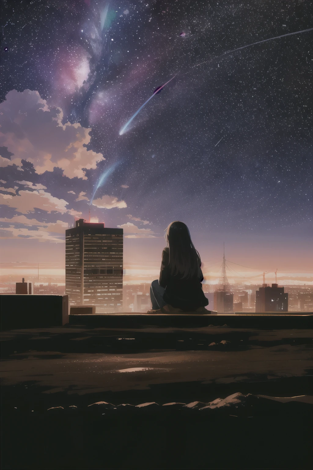 Octane, null, star (null), scenery, starry null, night, One girl, night null, alone, Outdoor, building, cloud, milky way, Sitting, wood, Long Hair, city, silhouette, cityscape