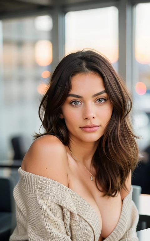 Beautiful brunette in a beige sweater (in a modern cafe at sunset), very detailede, 21 years, innocent face, natural wavy hair, green eyes, High resolution, masterpiece, Best Quality, intricate details, very detailed, sharp focus, detailed skin, texture de peau realistic, texture, detailed eyes, professional, 4k, charming smile, filmed in canon, 85mm, shallow depth of field, Kodak Vision Color, perfectly fitted body, extremely detailed, Photographyr_\(ultra\), photorealistic, realistic, Post treatment, Maximum details, roughness, real life, ultra realistic, photorealism, Photography, 8k eh, Photography, bare shoulder, very small neckline, without underwear, sexy, flirt with the camera, Se ve sexy, look directly at the camera, bare face, don't wear underwear, nipple visible under tshirt,