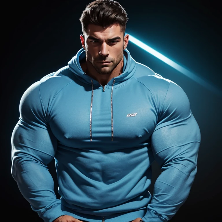 a very handsome, massively muscular man, with massively large muscles, with massively large biceps, wearing a simple light blue sweatshirt with a zipper and long sleeves, on a black background