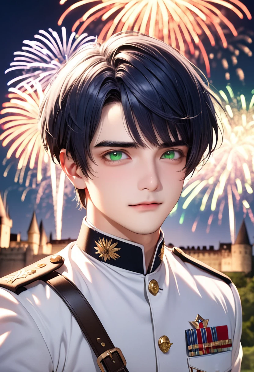 1 male Short dark blue hair and eyebrows Bangs that expose the left forehead Deep green eyes White military uniform Fireworks and castle