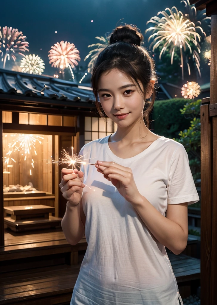 (1 female)、Highest quality、masterpiece、Ultra-high resolution、(Photographic realism:1.4)、Original photo,Octane Rendering、8k、Ultra Sharp、((Hair Bun)),Extremely detailed CG),(((8k))),wallpaper,((Very sophisticated and beautiful)),(((masterpiece))),(((Highest quality))),(((Ultra-high resolution))),Beautiful lighting,Perfect Lightning,Realistic shadows,In the yard of a Japan house、Enjoy hand-held fireworks、Holding fireworks in hands、Light a sparkler、T-Shirts、hot pantini length、The chest is visible、Open chest、Proper body balance,Beautiful Hands,Beautiful fingers,Detailed functions of the fingers,Bright smile,