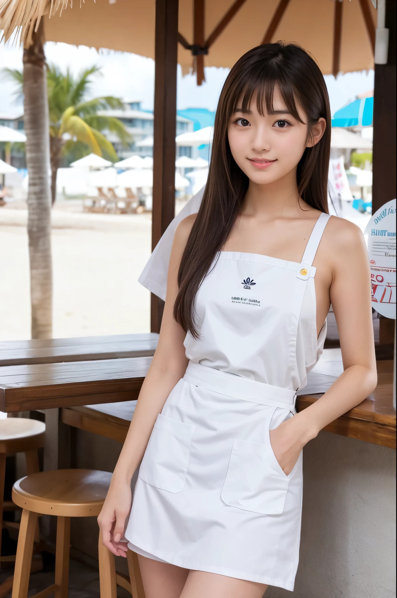 20 years old girl (Japanese pretty face) is wearing white apron, mini skirt at the beach bar