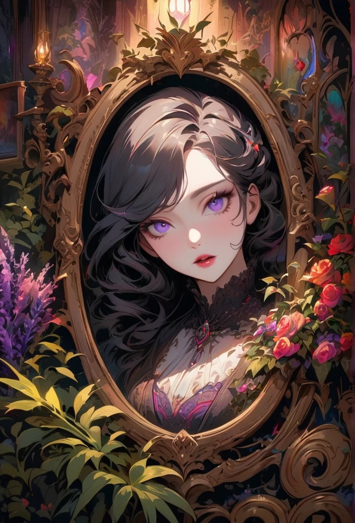 anime,beautiful detailed eyes,beautiful detailed lips,extremely detailed eyes and face,longeyelashes,colorful,vivid colors,portrait,landscape,horror,studio lighting,sharp focus,physically-based rendering,extreme detail description,professional,bokeh,HDR,UHD,ultra-fine painting,concept artists,gothic,Victorian-style bedroom,beautiful witch,dark atmosphere,vibrant colors,soft lighting,enchanted plants,flowing lavender,anime-style characters,mysterious shadows,exquisite details,vintage furniture,luxurious textures,eye-catching composition,romantic mood,rose,kissmark,(monochrome)lip super red