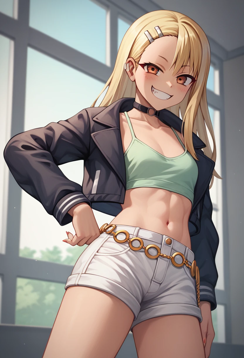 score_9, score_8_up, score_7_up, 1 girl , standing ,  nagatoro hayase, solo , anime , blonde , hair clip , grin smile , hadegalchainbelt , large o-rings, chain-belt , black cropped jacket , light green camisole , white shorts , master piece , ultra-detailed, 4k , look straight at viewer, focusing on the stomach ,