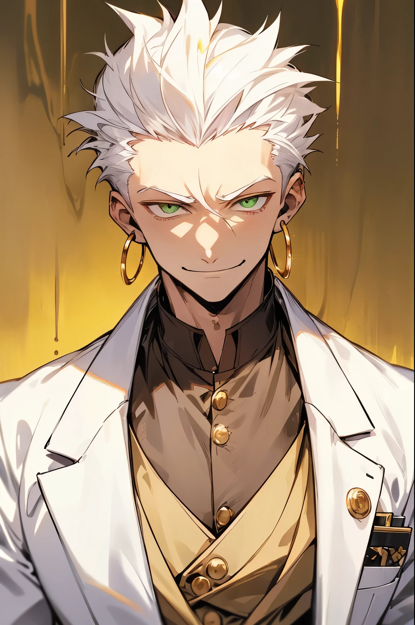 1male, white hair, back spiked hair, short hair, green eyes, evil smiling expression, gold earrings, white blazer, white button up, golden chain, foggy background