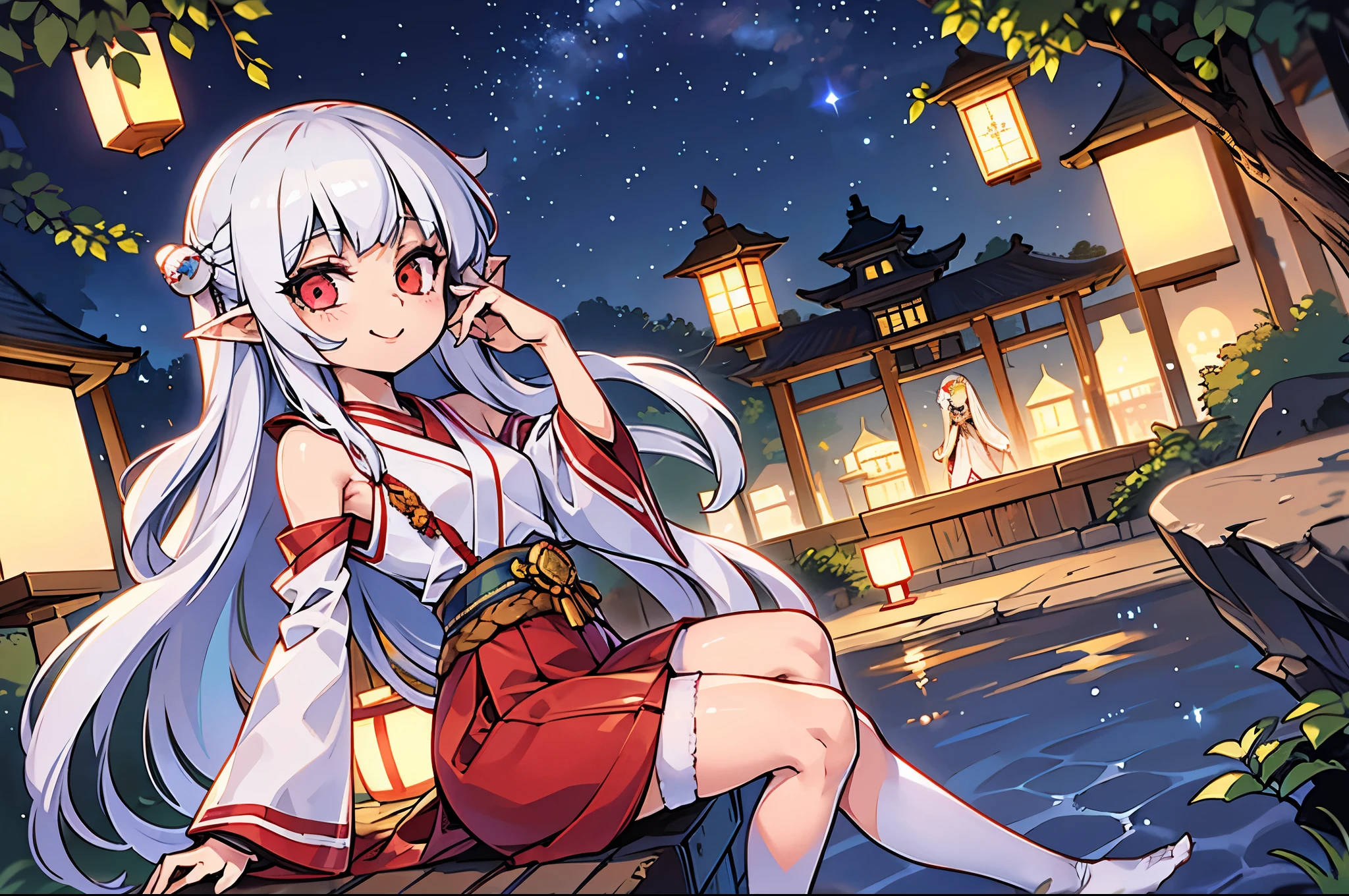 half-body , female elf, white long haired, japanese sailor suit, background lantern castle and starry night