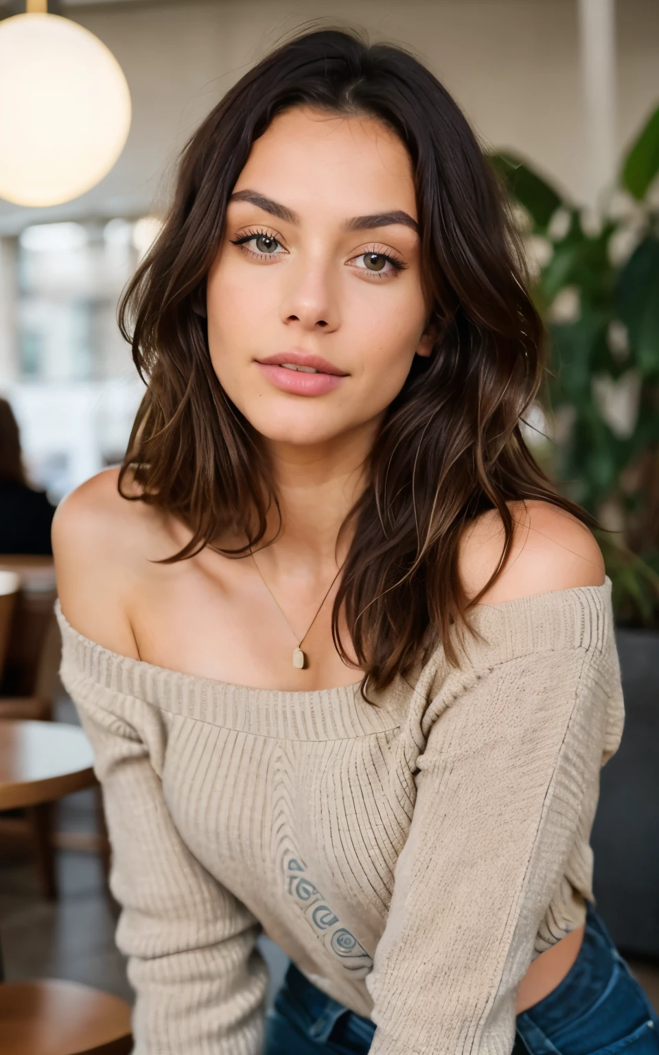 Beautiful brunette in a beige sweater (in a modern cafe at sunset), very detailede, 21 years, innocent face, natural wavy hair, green eyes, High resolution, masterpiece, Best Quality, intricate details, very detailed, sharp focus, detailed skin, texture de peau realistic, texture, detailed eyes, professional, 4k, charming smile, filmed in canon, 85mm, shallow depth of field, Kodak Vision Color, perfectly fitted body, extremely detailed, Photographyr_\(ultra\), photorealistic, realistic, Post treatment, Maximum details, roughness, real life, ultra realistic, photorealism, Photography, 8k eh, Photography, bare shoulder, very small neckline, without underwear, sexy, flirt with the camera, Se ve sexy, look directly at the camera, bare face, don't wear underwear, nipple visible under tshirt,