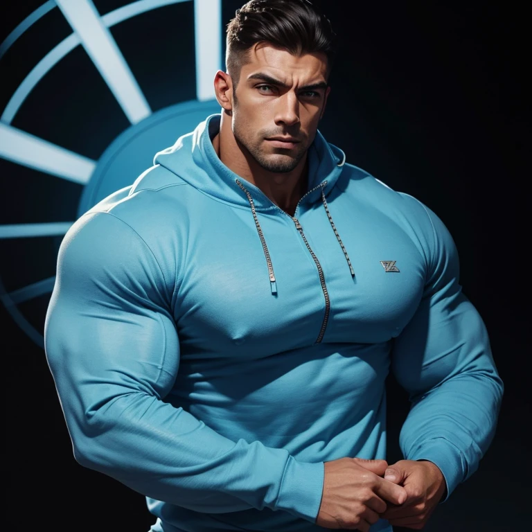 a very handsome, massively muscular man, with massively large muscles, with massively large biceps, wearing a simple light blue sweatshirt with a zipper and long sleeves, on a black background