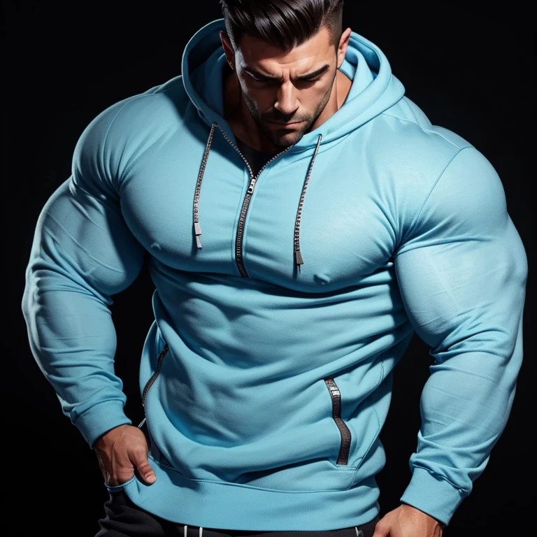 a very handsome, massively muscular man, with massively large muscles, with massively large biceps, wearing a simple light blue sweatshirt with a zipper and long sleeves, on a black background