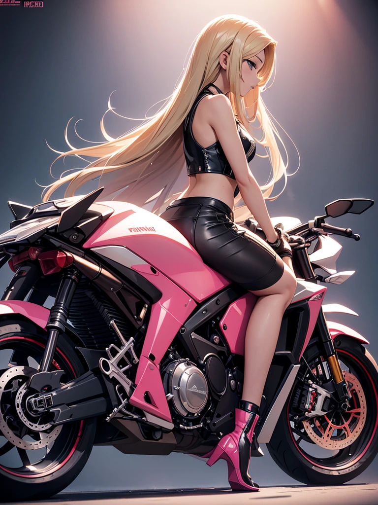 hyper realistic. 4k render. 8k. Asian girl with long flowing blonde hair. height. leather skirt, pink tanktop, short jacket, low boots. riding cool futuristik Motorcycle. very beautiful. The face is very detailed. very detailed skin. the machines and clothing are very detailed. longshot camera. colorful light background. misterious ambiences. full body side view. masterpiece.