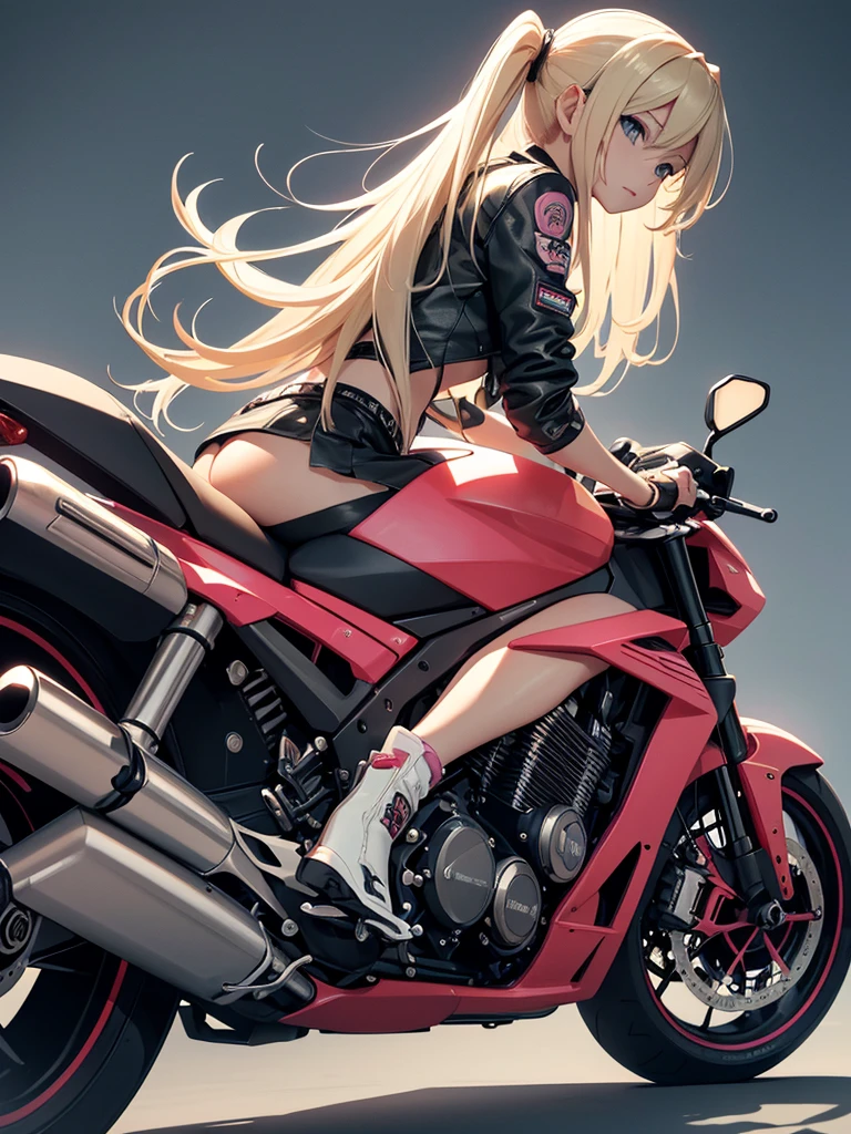 hyper realistic. 4k render. 8k. Asian girl with long flowing blonde hair. height. leather skirt, pink tanktop, short jacket, low boots. riding cool futuristik Motorcycle. very beautiful. The face is very detailed. very detailed skin. the machines and clothing are very detailed. longshot camera. colorful light background. misterious ambiences. full body side view. masterpiece.