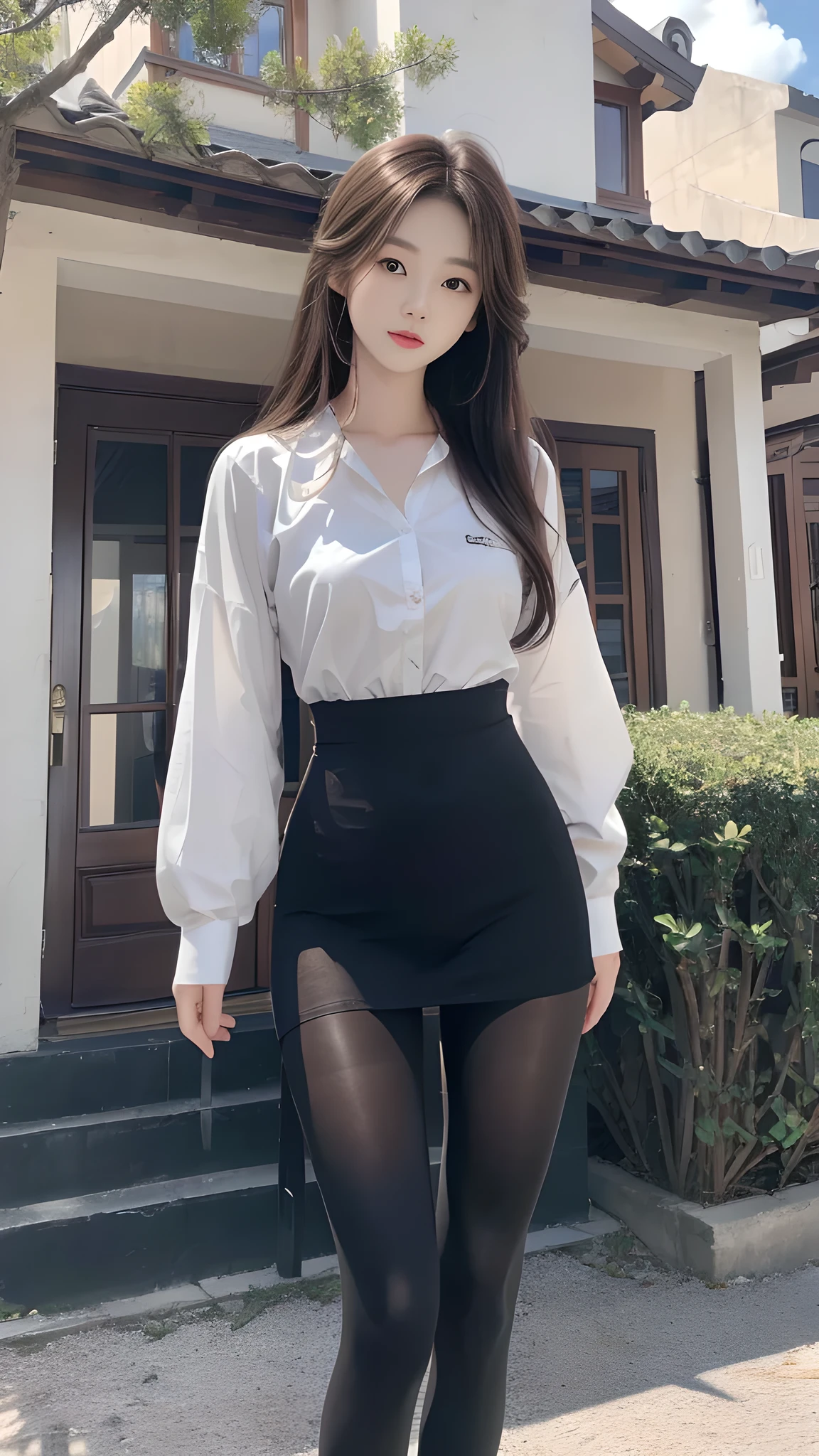 ulzzang-6500-v1.1, (RAW photo: 1.2), (Real photo), (Real photo: 1.4), 1 girl、Perfect anatomy、20 years old、Looking at the camera、Medium length hair、dress, ((in front of the villa: 1.1))、(Super realistic tights: 1.2), (Business service)、Asian eyes Ella,