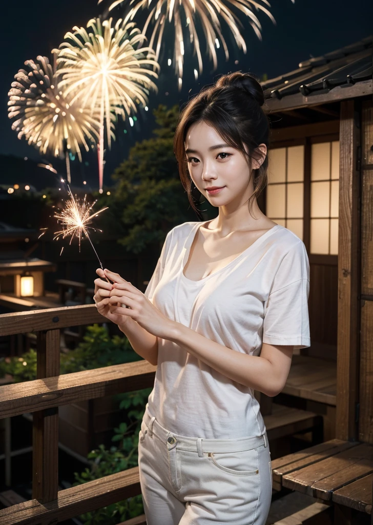 (1 female)、Highest quality、masterpiece、Ultra-high resolution、(Photographic realism:1.4)、Original photo,Octane Rendering、8k、Ultra Sharp、((Hair Bun)),Extremely detailed CG),(((8k))),wallpaper,((Very sophisticated and beautiful)),(((masterpiece))),(((Highest quality))),(((Ultra-high resolution))),Beautiful lighting,Perfect Lightning,Realistic shadows,In the yard of a Japan house、Enjoy hand-held fireworks、Holding fireworks in hands、Light a sparkler、T-Shirts、hot pantini length、The chest is visible、Open chest、Proper body balance,Beautiful Hands,Beautiful fingers,Detailed functions of the fingers,Bright smile,