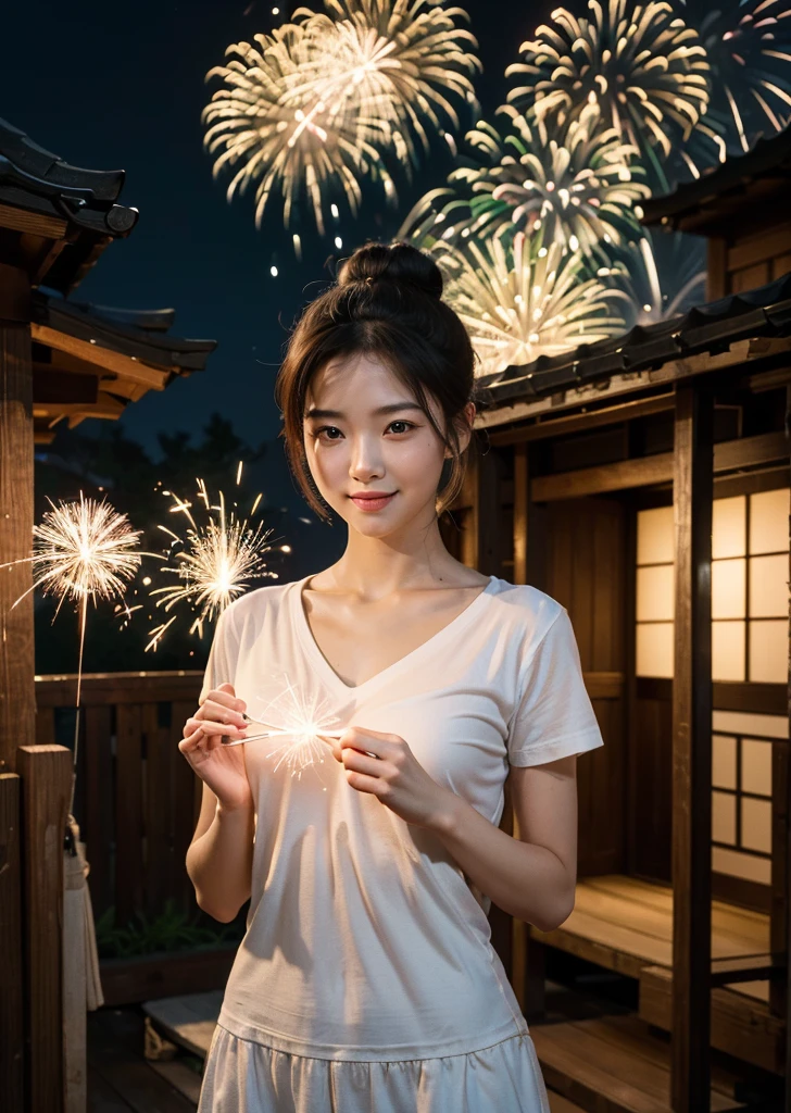 (1 female)、Highest quality、masterpiece、Ultra-high resolution、(Photographic realism:1.4)、Original photo,Octane Rendering、8k、Ultra Sharp、((Hair Bun)),Extremely detailed CG),(((8k))),wallpaper,((Very sophisticated and beautiful)),(((masterpiece))),(((Highest quality))),(((Ultra-high resolution))),Beautiful lighting,Perfect Lightning,Realistic shadows,In the yard of a Japan house、Enjoy hand-held fireworks、Holding fireworks in hands、Light a sparkler、T-Shirts、hot pantini length、The chest is visible、Open chest、Proper body balance,Beautiful Hands,Beautiful fingers,Detailed functions of the fingers,Bright smile,