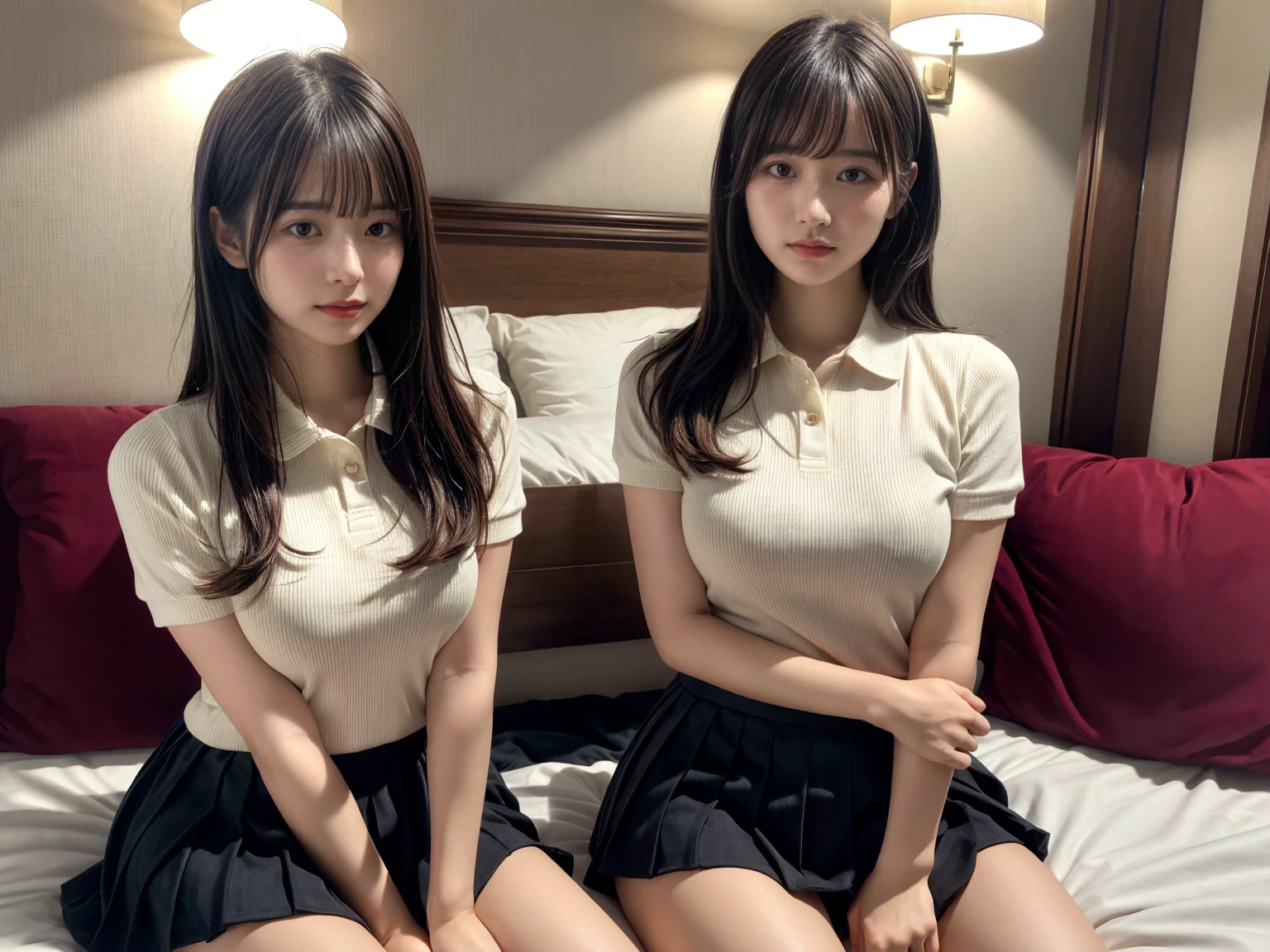 masterpiece, best quality, illustration, Super detailed, fine details, High resolution, 8K,wall paper, perfect dynamic composition,(Details High quality, realistic depiction of eyes:1.3), (2 girls), A tight polo shirt that expresses the roundness and softness of your chest., pleated mini skirt, sitting, open legs, short bob hair, in a hotel room in the background, deep on field, large breasts, black hair color, Big Natural Color Lip, (perfect body shape), crying a little、Harajuku style、20 year old girl、cute type、beautiful legs, Gravure Idol