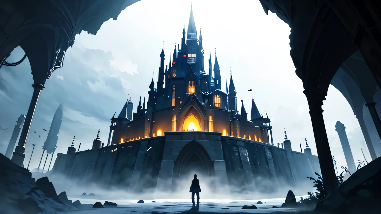 Fantasy world, underground world, cave, big castle, crowd, dark, underground where the sky cannot be seen