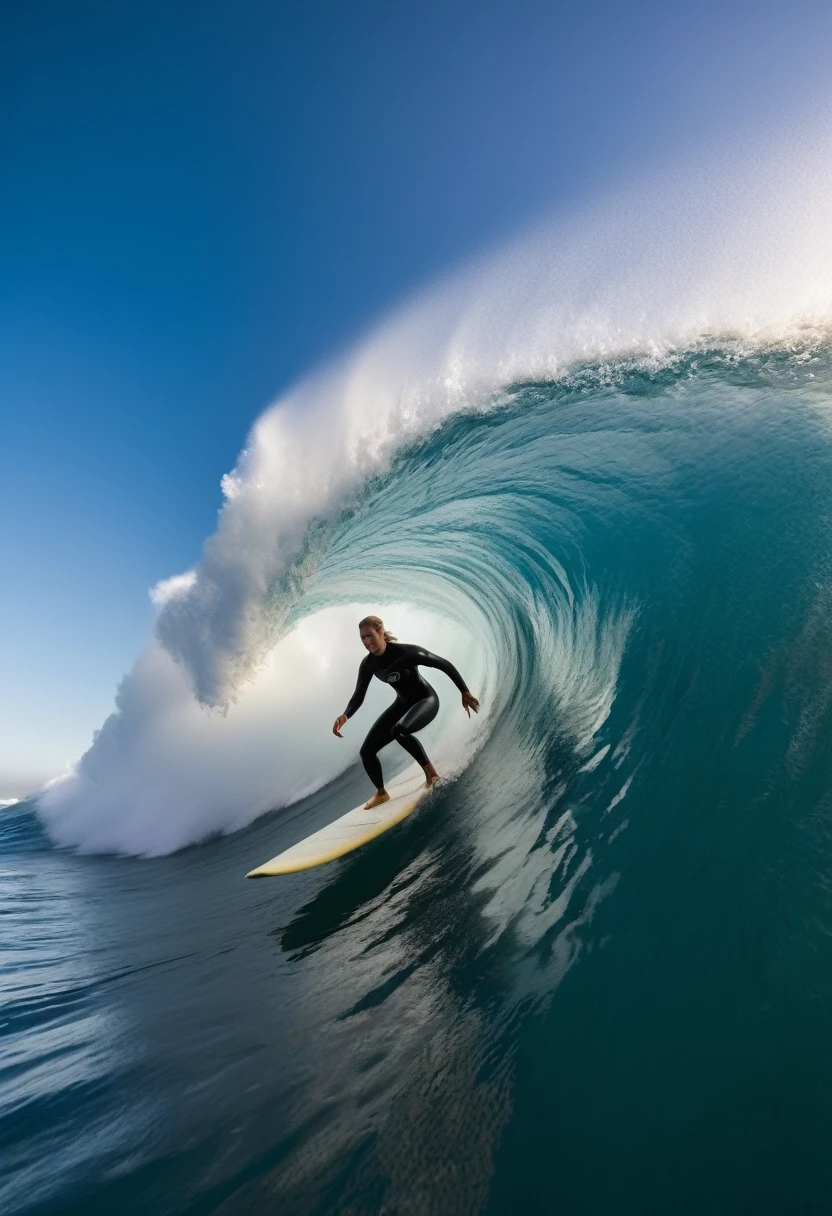 Female surfer riding a wave in the ocean early in the morning、surfing、 big wave surfing、Tube Wave、surfingの写真、Extreme Sports Photography、(Highest quality, masterpiece, High resolution)、8k、wallpaper
