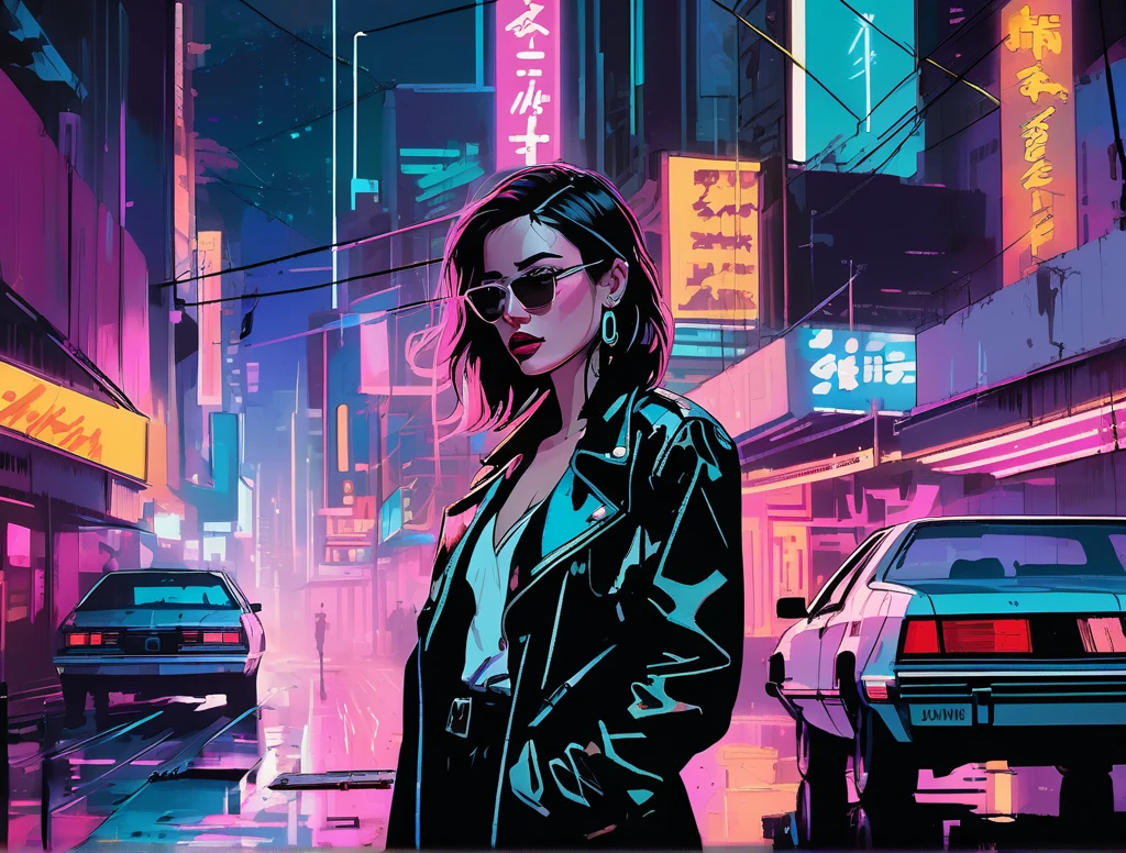 (a girl with a beautiful face), nighttime, cyberpunk city, dark, raining, neon lights , (John Berkey Style ), cyberpunk, synthwave, 1980s, futurism, brutalism, neuromancer, cinematic photo in Arizona, ((pinkfong baby shark)),art by Adrian Tomine