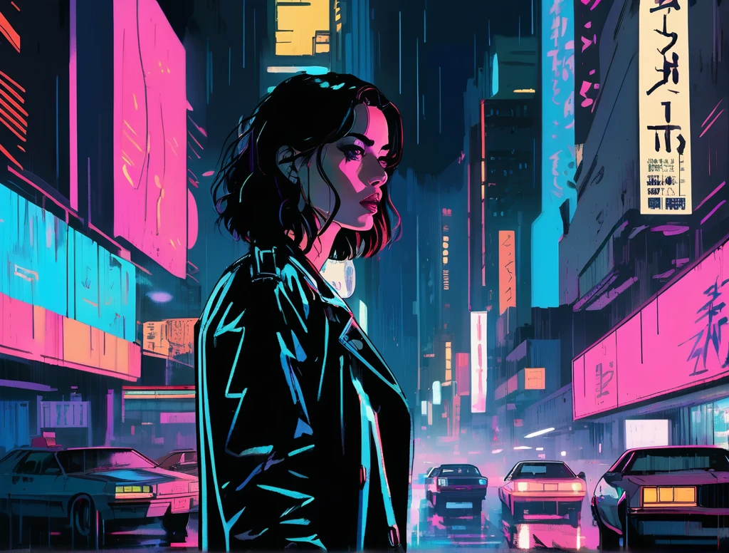 (a girl with a beautiful face), nighttime, cyberpunk city, dark, raining, neon lights , (John Berkey Style ), cyberpunk, synthwave, 1980s, futurism, brutalism, neuromancer, cinematic photo in Arizona, ((pinkfong baby shark)),art by Adrian Tomine