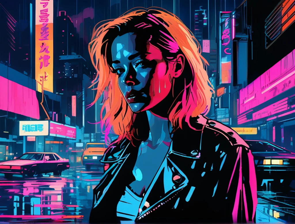 (a girl with a beautiful face), nighttime, cyberpunk city, dark, raining, neon lights , (John Berkey Style ), cyberpunk, synthwave, 1980s, futurism, brutalism, neuromancer, cinematic photo in Arizona, ((pinkfong baby shark)),art by Adrian Tomine