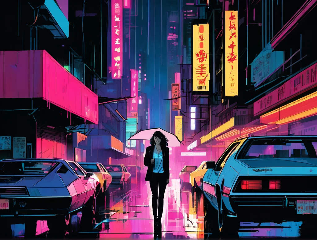 (a girl with a beautiful face), nighttime, cyberpunk city, dark, raining, neon lights , (John Berkey Style ), cyberpunk, synthwave, 1980s, futurism, brutalism, neuromancer, cinematic photo in Arizona, ((pinkfong baby shark)),art by Adrian Tomine