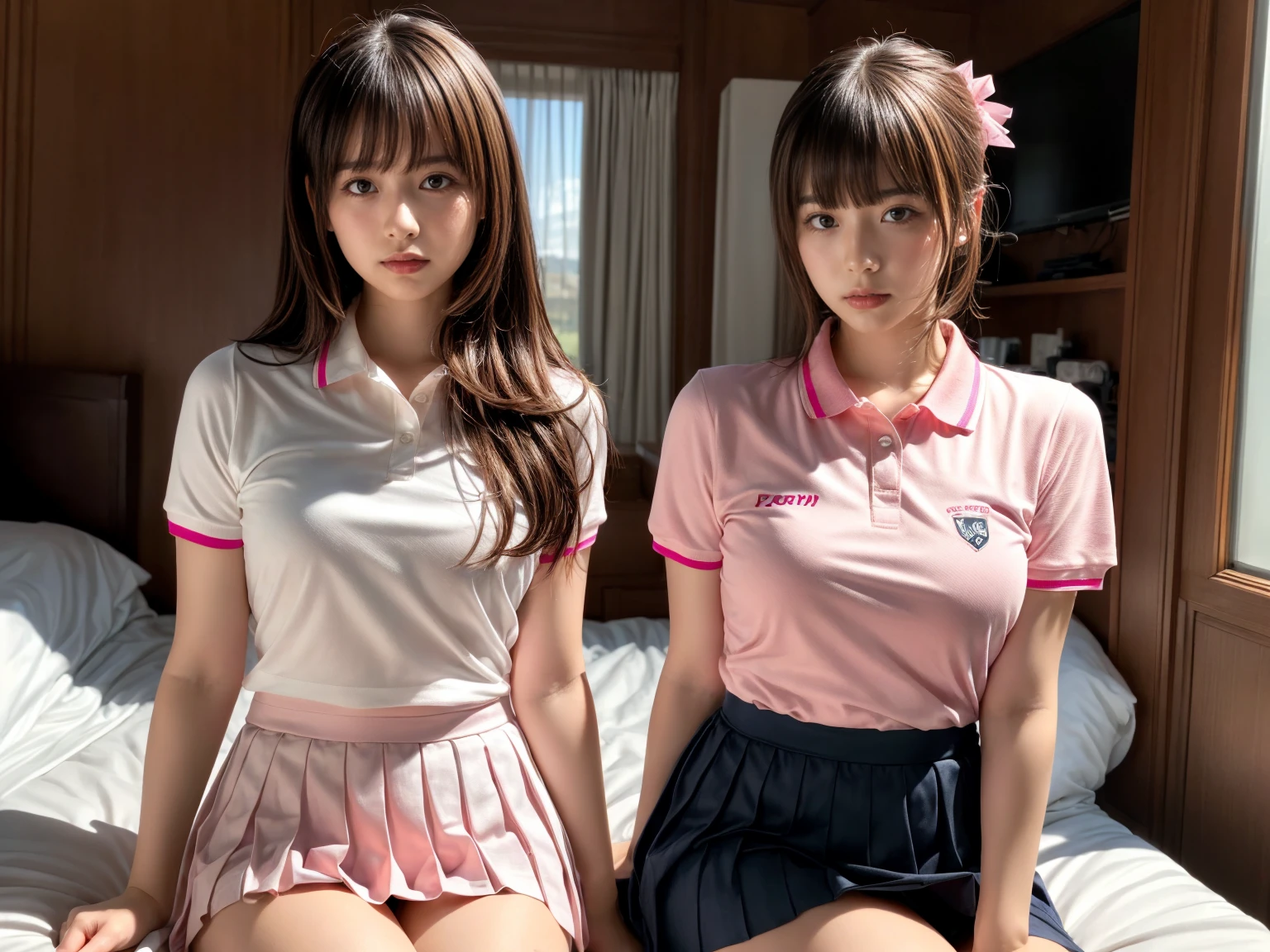 masterpiece, best quality, illustration, Super detailed, fine details, High resolution, 8K,wall paper, perfect dynamic composition,(Details High quality, realistic depiction of eyes:1.3), (2 girls), BREAK (white theme:1.4), (tucked-out short sleeve white polo shirt:1.4), (pink lines on tops outline:1.3), (pure white pleated mini skirt:1.3), (hem of top covers top half of skirt:1.3), (pink fluffy scrunchie on wrist:1.3), (white and pink sports shoes:1.2), sitting, open legs, short bob hair, in a hotel room in the background, deep on field, large breasts, black hair color, Big Natural Color Lip, (perfect body shape), crying a little、Harajuku style、20 year old girl、cute type、beautiful legs, Gravure Idol