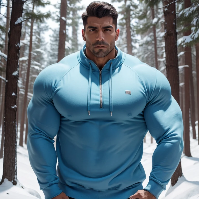 a very handsome, massively muscular man, with massively large muscles, with massively large biceps, wearing a simple light blue sweatshirt with a zipper and long sleeves, in a snowy forest at night