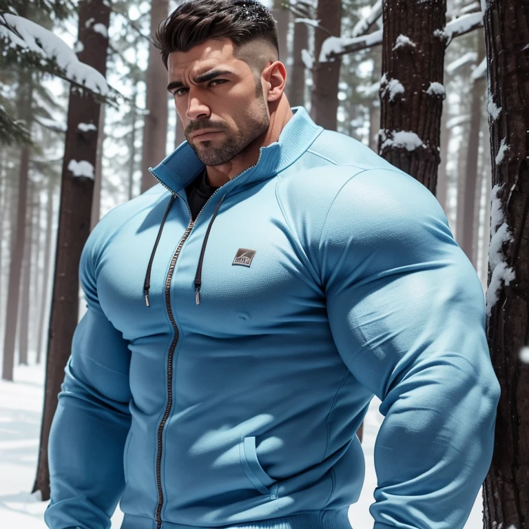 a very handsome, massively muscular man, with massively large muscles, with massively large biceps, wearing a simple light blue sweatshirt with a zipper and long sleeves, in a snowy forest