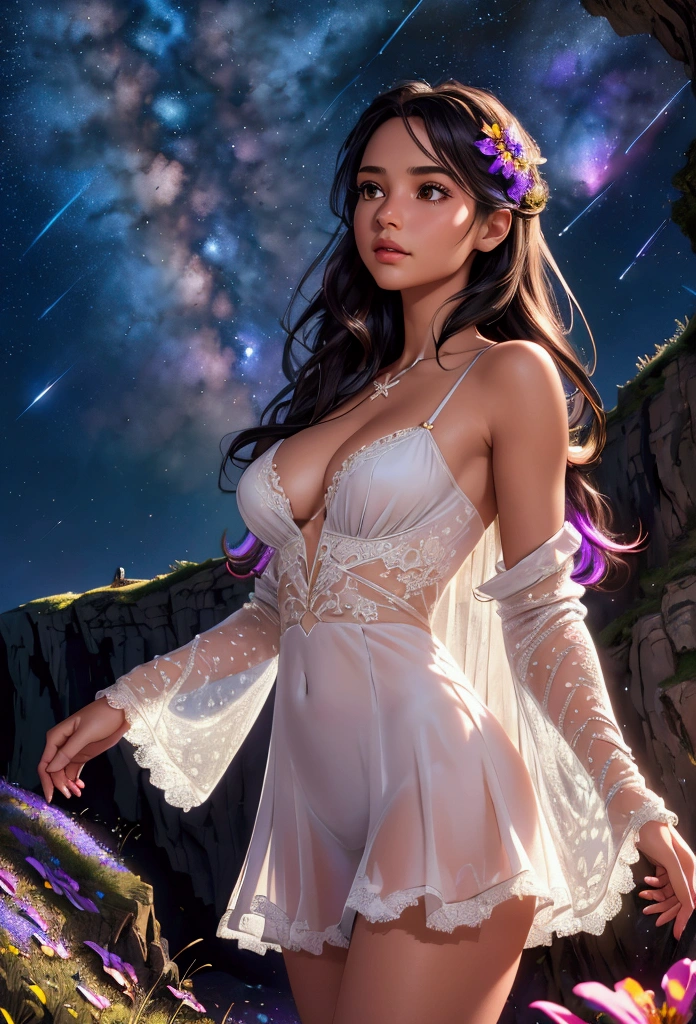 extreme detail, multi-layered composition, girl standing near a cliff, pretty girl, , pretty legs, lacy clothes, shooting star, surrounded by colorful flowers, night sky with glowing stars and moonlight, realistic shadows, immersive environment, accurate hands and fingers, volumetric lighting, rich color palette, detailed textures, long hair, skimpy clothes, detailed face, realistic