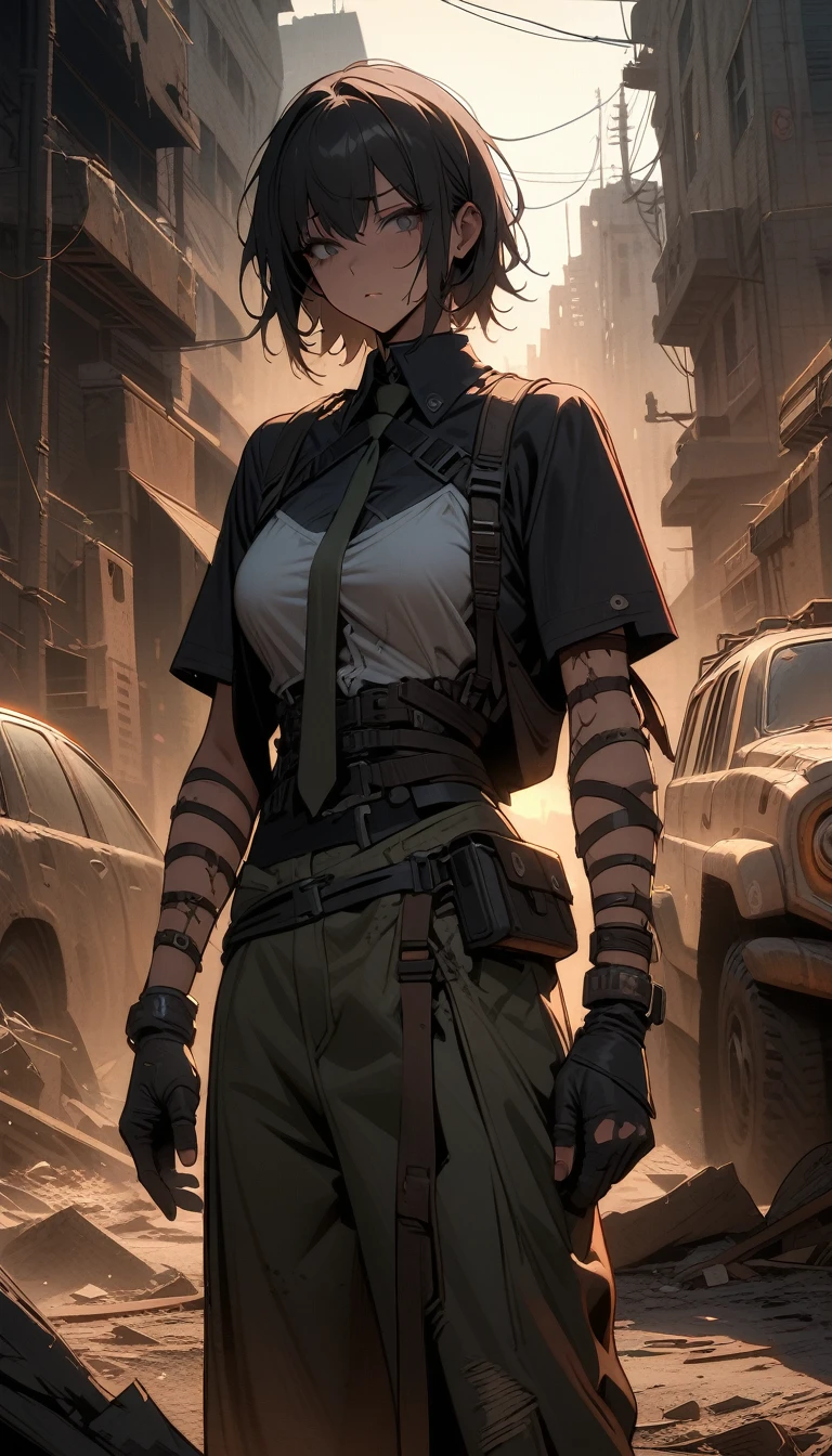 ((best quality)) , ((masterpiece)) , (detailed)，backlit photo of,  a [Libyan|Tibetan] (Simona:1.2) , Unattractive, Tie, Sublime Straps, at Twilight, Detailed illustration,Dystopian style, Inconsiderate . Bleak, post-apocalyptic, somber, dramatic, highly detailed