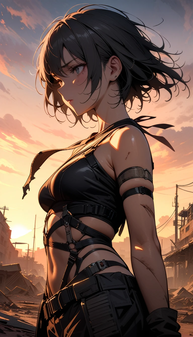 ((best quality)) , ((masterpiece)) , (detailed)，backlit photo of,  a [Libyan|Tibetan] (Simona:1.2) , Unattractive, Tie, Sublime Straps, at Twilight, Detailed illustration,Dystopian style, Inconsiderate . Bleak, post-apocalyptic, somber, dramatic, highly detailed