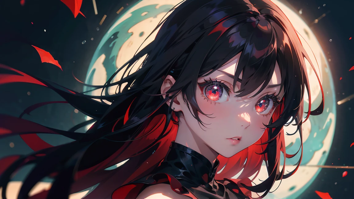 (Highest quality,4K,High resolution), 18-year-old female, Red mesh hair on black hair, Shiny long straight hair, Innocence,Sharp Eye、Red eyes、Small Nose、eyeliner、 Luxury Black Silk Babydoll、 face、friend、profile、Slender、Comical appearance,Comic Strip,And soul,Cute deformed illustrations、Delicately expresses realistic skin texture、Muscle texture reproduction、Knife Art