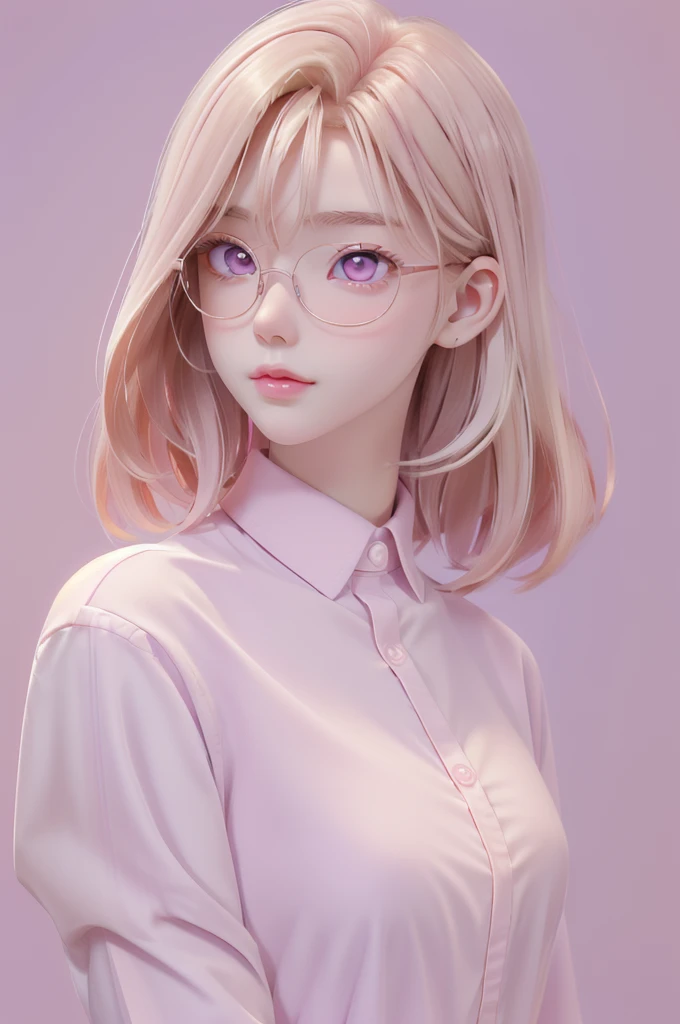 Best quality, cartoon_Portrait, 1girl pink eyes, long golden blonde hair, 1Boy pair, short hair white-purple pastel, looking at viewer, simple background, pink eyes, closed mouth, glasses, long white shirt, lips, swept bangs, bedroom background, red lips