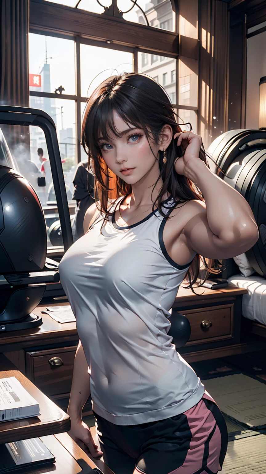 ((masterpiece)), ((Highest quality)), 8k, High resolution ((Hotel Gym 1.5))(Bustling cities in Japan 1.4)(Hotel Front Desk)(building)(Chamber 1.5)、24-year-old female、Sexy proportions、Supermodel((super model))、Sexy clothes、Raise your arms and ruffle your hair