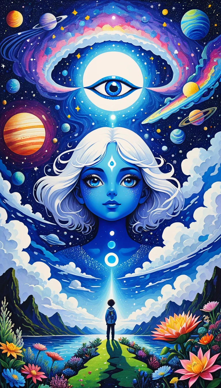 Psychedelic Art。plant、Marine Life、(((Charming eyes，The Third Eye)))、cloud、Starry Sky，Galaxy、Planet、Stitching together an abstract painting，Describing the inner world of autistic people，Sense of space，Blank，White space，Pointillism method，Childish lines，Klein Blue，Incorporating Monet&#39;s artistic style