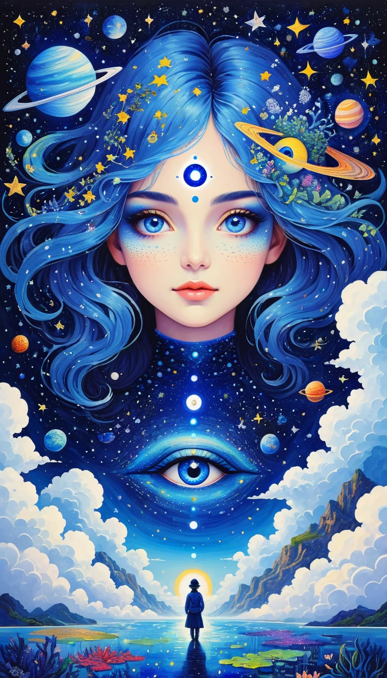 Psychedelic Art。plant、Marine Life、(((Charming eyes，The Third Eye)))、cloud、Starry Sky，Galaxy、Planet、Stitching together an abstract painting，Describing the inner world of autistic people，Sense of space，Blank，White space，Pointillism method，Childish lines，Klein Blue，Incorporating Monet&#39;s artistic style