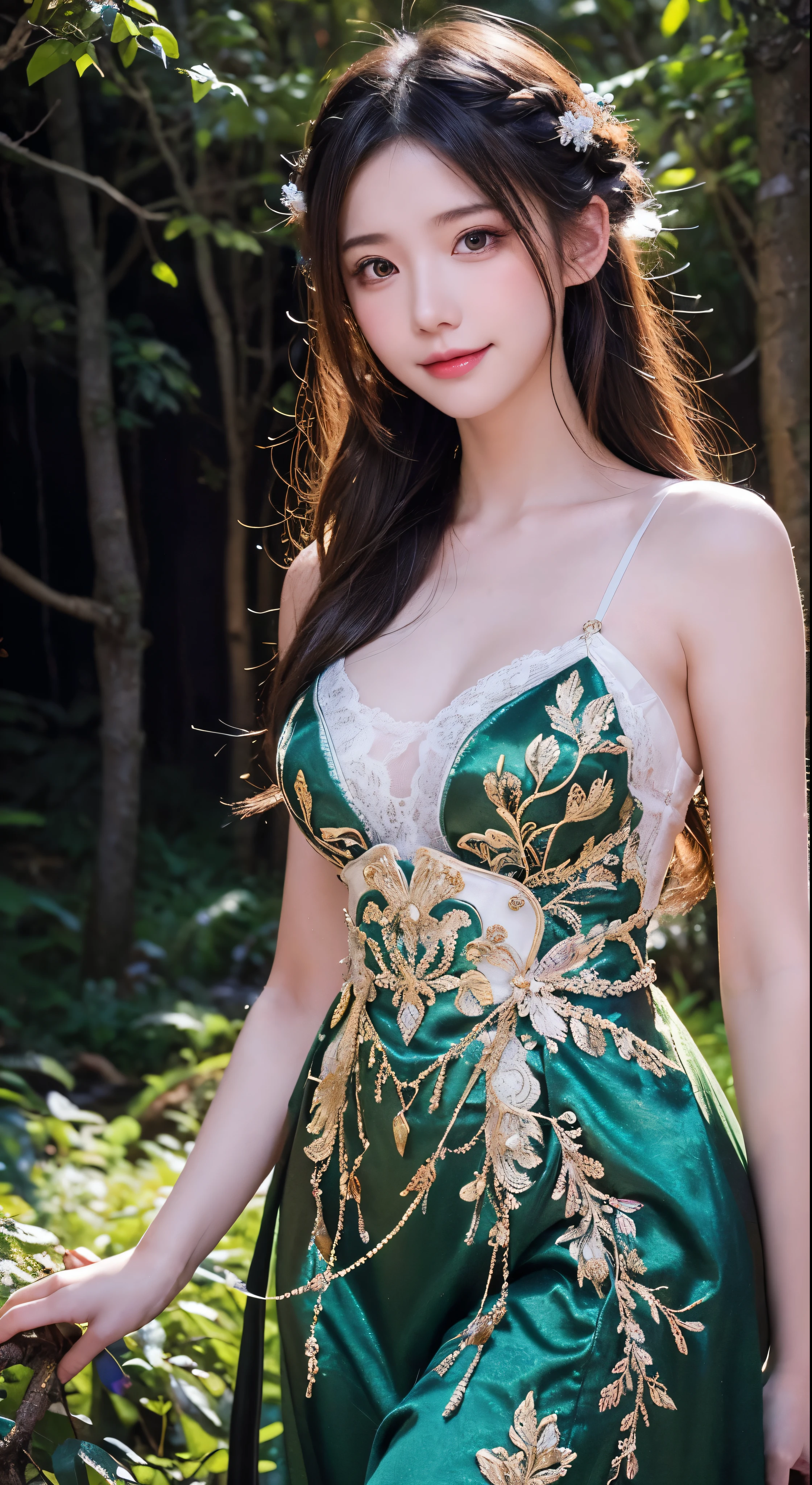1girls, ,,Simper smile, High-definition image, a woman, her hair adorned with glowing fireflies, eyes shimmering with enchantment. Dressed in a gown made from woven moonlight, she stands in a mystical forest where trees come to life. The scene, bathed in the ethereal glow of the fireflies, captured in the style of a magical forest artwork., (masterpiece, best quality, official art,intricate details:1.2)